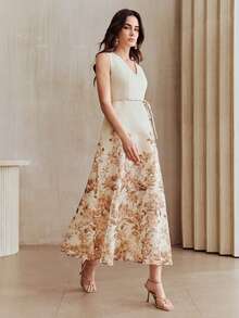 Anewsta 象牙色无袖V领碎花下摆收腰长连衣裙 - 杏色 - 查看 3