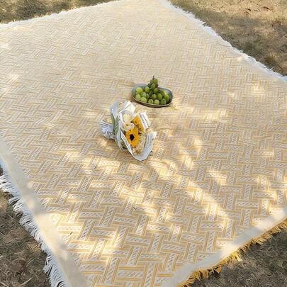 White & Yellow T-Shaped Waterproof Outdoor Blanket - Sandproof Portable Picnic Mat & Camping Mat For Beach, Park, Lawn Travel Essentials - Reversible Sofa Cushion For 1-4 Adults, Family & Friends Gatherings