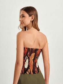 CAJUNI 女士休闲度假鹦鹉和海龟串珠印花抹胸上衣，日期 - 棕色 - 查看 2