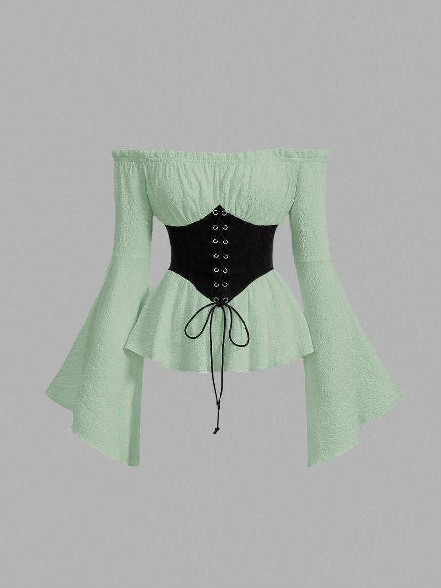 SHEIN MOD 大码镂空喇叭袖撞色系带腰身复古衬衫 - 綠色 - 查看 1