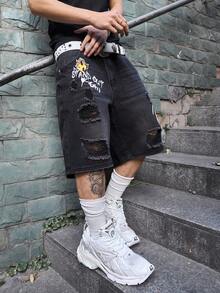 Manfinity EMRG Distressed Black Print Washed American Casual Denim Shorts - Black - View 6