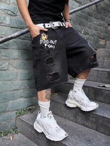 Manfinity EMRG Distressed Black Print Washed American Casual Denim Shorts - Black - View 7