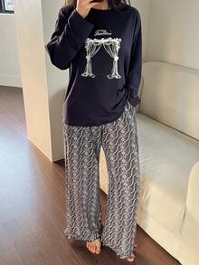DAZY Allover Print Pattern Loose Top & Ruffle Hem Allover Print Pajama Pants Women Sleepwear Set - Navy Blue - View 3