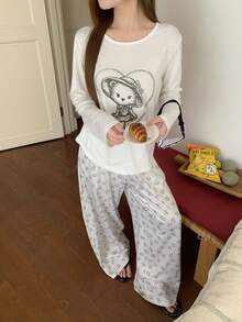 DAZY Cartoon Print Loose Women Pajama Set, White - White - View 7