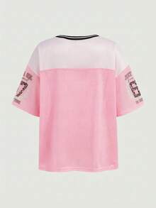 SHEIN 少女休闲街头风 Y2K 豹纹 67 标语拼接网眼 V 领罗纹饰边宽松落肩短袖针织 T 恤，粉色 - 粉色 - 查看 3