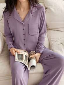DAZY Women's Comfortable Knit Contrast Trim Crop Top And Pants Pajama Set - Mauve Purple - View 1