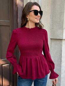 SHEIN Clasi 女士休闲纯色荷叶边下摆衬衫 - 中紫紅色 - 查看 5