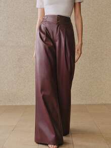Savoree Fashionable High Waist Wide Leg Loose Fit Flared Pants With Custom Buckle Belt, PU Leather, Autumn/Winter - Burgundy - View 5