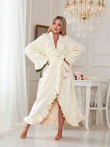 1-Piece Set Of Women's Ultra Soft Ruffled And Ankle Thick Fleece Nightgown, Fashionable Ruffled Nightgown With Side Pockets, Soft And Warm Long Bathrobe, Plush SPA Nightgown, Home Wear, Pajamas, With Pockets - Multicolor - View 7