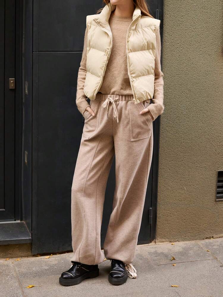 SHEIN Maija Women's Solid Color Front Zip Sleeveless Casual Winter Jacket