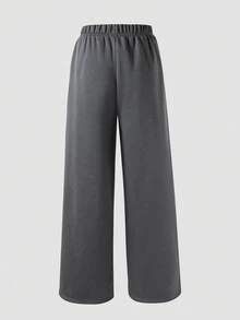 SHEIN ChillGRL 1pc Oversized Women/Teen Gray Washed Waistband Straight Leg Extra Long Pants, Autumn/Winter Wide Leg Sweatpants Comfy Pants Grey Pants - Dark Grey - View 2