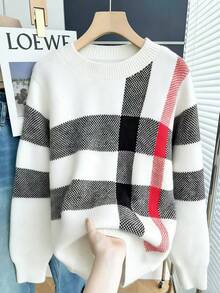 Resyla Women's Casual Everyday Commute Plaid Pattern Long Sleeve Crew Neck Sweater, Autumn/Winter - White - View 1