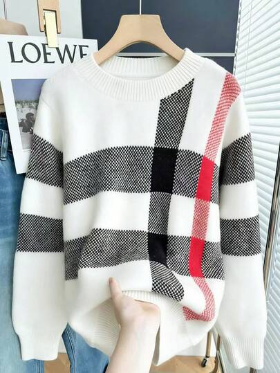 Resyla Damtröja med rund hals, rutigt mönster och långärmad design, höst/vinter, casual och vardagsbruk