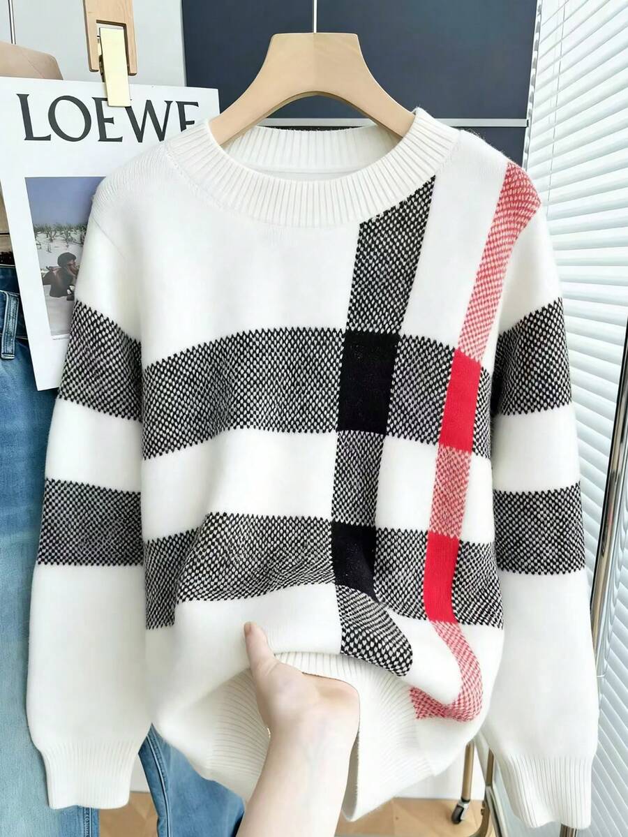 Resyla Women's Casual Everyday Commute Plaid Pattern Long Sleeve Crew Neck Sweater, Autumn/Winter - White - View 1