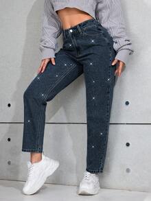 SHEIN PETITE Women's Casual Everyday Rhinestone Embellished Slant Pocket Tapered Leg Jeans - Dark Wash - View 7
