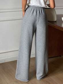 DAZY 女士宽松纯色阔腿裤，松紧腰休闲运动裤，春秋季 - 灰色 - 查看 2