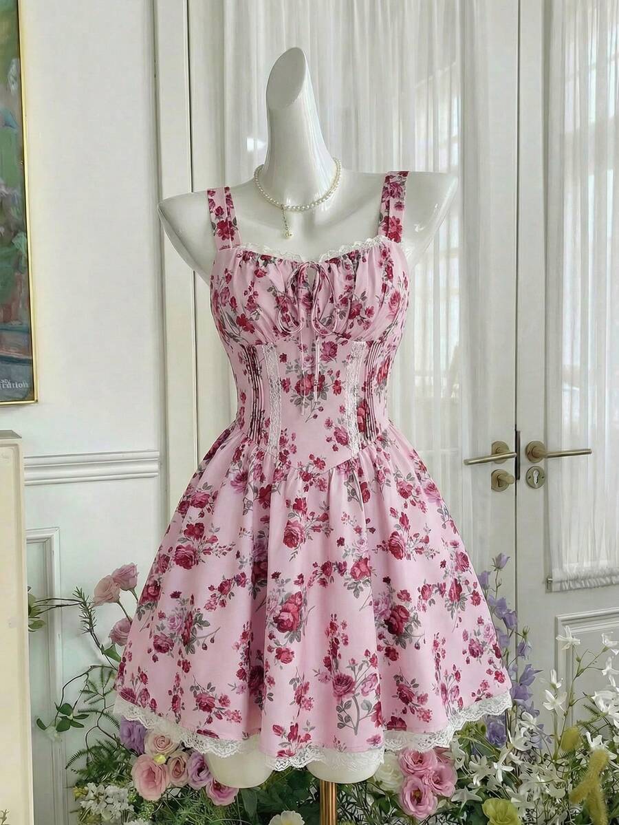 SHEIN MOD 女士碎花褶皱系带休闲迷你连衣裙 - 彩色 - 查看 1