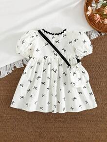 Cozy Pixies 2pcs/Set Baby Girl Bow Decor Round Neck Puff Sleeve Waist Tie Dress & Crossbody Bag,White And Black Summer Cute Family Matching Cotton Toddler Dress - Apricot - View 2
