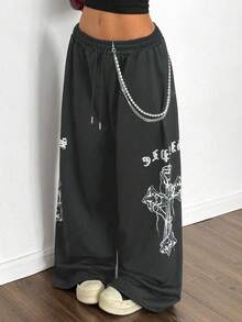 StreetHx 女士黑色朋克十字印花阔腿运动裤 - 深灰色 - 查看 4