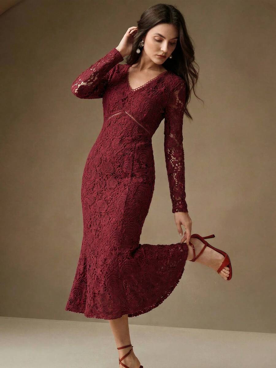 Anewsta French Elegant Embroidered Lace Spring Dress, Hollow V-Neck Long Sleeve Lace Fitted Mermaid Dress - Burgundy - View 1
