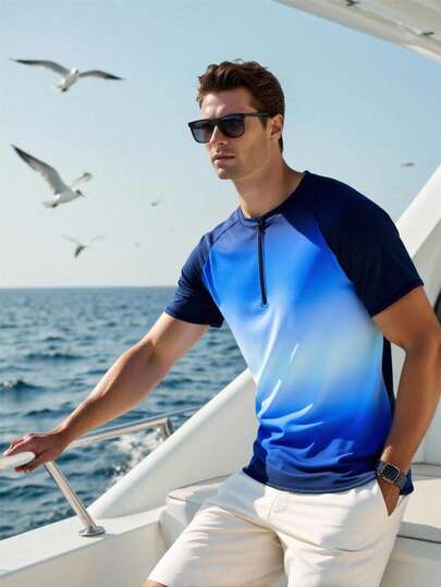 ZELFYO بدلة رجالية ذات أكمام قصيرة بياقة نصف سحاب وطبعة أومبير