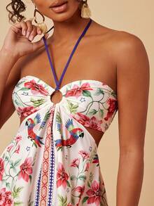 Travachic Sleeveless Halter Neck Hollow Out Tropical Print Vacation Dress - Multicolor - View 7