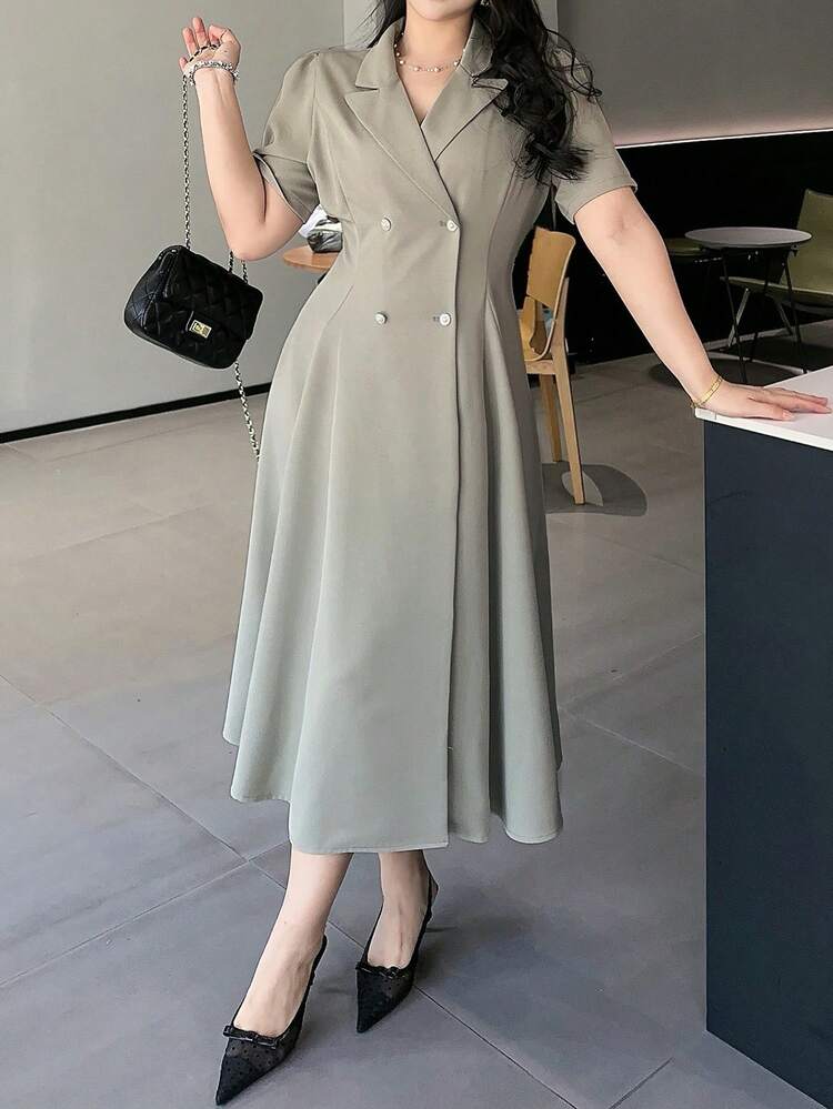 Dazy Plus Plus Size Women's Collared Double-Breasted Short Sleeve Casual Fitted Waist Shirt Dress, Business Casual Spring/Summer Sundress