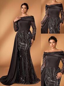 Serin 大码优雅奢华咖啡色露肩礼服，饰有串珠和亮片，褶皱袖，鱼尾裙摆，适合婚礼、派对、度假、舞会、新娘母亲晚礼服 - 咖啡棕 - 查看 7