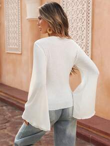 Selianne Women's Elegant Collar Design Flare Sleeve Fitted Solid Color T-Shirt, Versatile For Daily Wear, Spring/Summer - White - View 2
