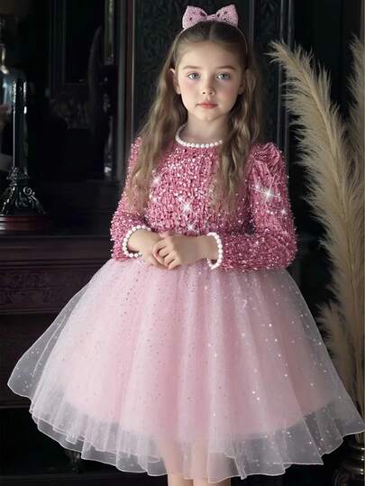 Girls' Sequin & Pearl Decor Tulle Dress With Large Collar, Elegant For Parties, Gatherings, Birthdays, Spring/Summer