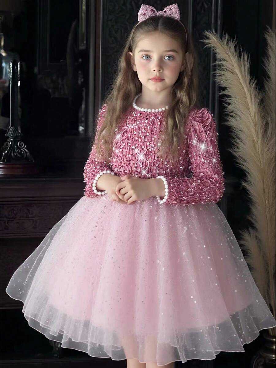 Girls' Sequin & Pearl Decor Tulle Dress With Large Collar, Elegant For Parties, Gatherings, Birthdays, Spring/Summer - Pink - View 1