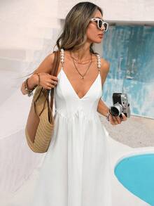 Vivid Eden Spring/Summer Casual Vacation V-Neck Pearl Strap Waist A-Line Loose Back Textured Fabric Dress - White - View 3