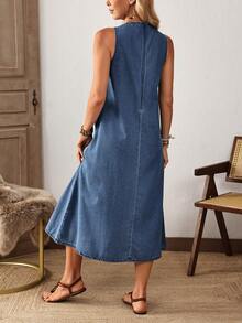 EMERY ROSE Plus Size Casual Sleeveless Denim Dress With Dual Pockets - Blue - View 2