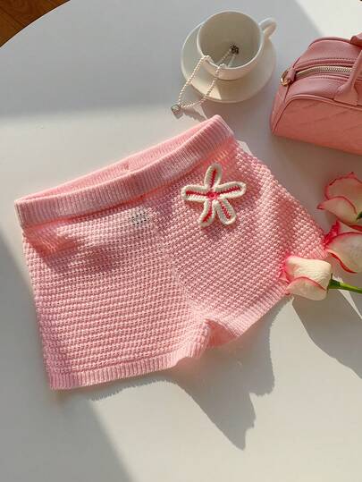 Comfortcana 2026 New Arrival Spring/Summer Fashionable Handmade Crochet Starfish Decor Women Casual Sweater Shorts Summer Outfits For Women Valentine's Day Beach Shorts Beach Outfit  Vacation Outfits Women  2000s Style Pink Short