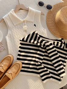 Muchica Women's Casual Everyday Sleeveless Cable Knit Top - Black and White - View 7