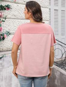 Miaspire Plus Size Women Button Design Striped Patchwork Round Neck Short Sleeve Casual T-Shirt For Summer/ Vacation,Pink Tops, Going Out Tops - Pink - View 3