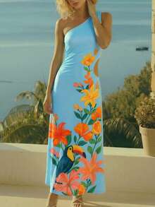 CAJUNI Women's Floral Print Asymmetrical Shoulder Dress - Blue - View 4