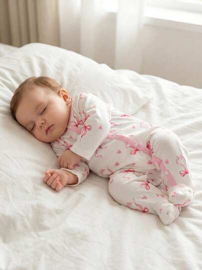 SHEIN 新生女宝宝可爱蝴蝶结印花针织柔软休闲圆领长袖连体衣，柔软舒适，适合情人节服装和礼物