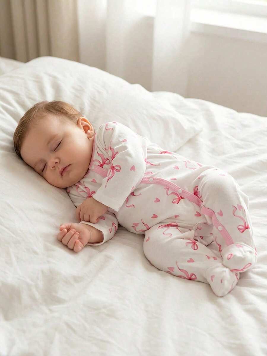 SHEIN 新生女宝宝可爱蝴蝶结印花针织柔软休闲圆领长袖连体衣，柔软舒适，适合情人节服装和礼物 - 粉色 - 查看 1