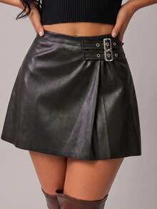 Radiana Gonna di moda in pelle PU con design a fibbia in vita, colore unito - nero - Visualizzare 4