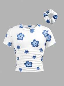 Tween Girl White Knit Pullover Allover Floral T-Shirt, Casual Daily Fashion Versatile With Hair Scrunchie, Cute - White - View 3