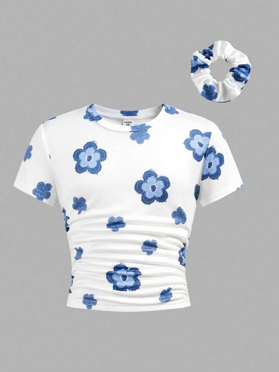 Suéter de punto blanco para niña preadolescente con estampado floral en toda la prenda, moda casual versátil con coletero, lindo - Blanco - Ver 1