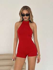 SHEIN ICON Bộ jumpsuit ôm sát cổ cao hở lưng màu đen dành cho nữ, kiểu dáng cơ bản thường ngày. - Đỏ - Xem 6