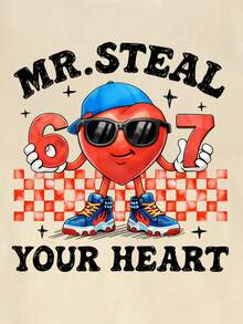 男童休闲时尚创意个性化透气可爱简约爱心卡通图案数字67格子星星字母标语印花基础款短袖T恤，舒适日常穿着，适合春、夏、秋季及情人节氛围 - 米色 - 查看 3