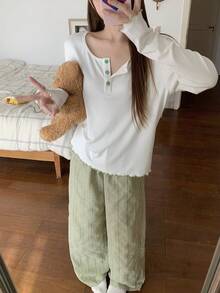 DAZY Green Fresh Henley Top & Plaid Pajama Pants Women Sleepwear Set - Green - View 8