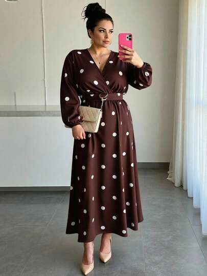 SHEIN Elenzya Women's Elegant Waist-Cinching Long Sleeve Shirt Dress With Metal Decor Belt, Suitable For Daily Commute Polka Dot Dress Women Long Sleeve Maxi Dress Women Plus Long Dress Long Sleeve Dress Polka Dot Maxi Dress
