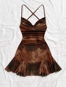 Soleia 彩色扎染吊带垂褶领露背蝴蝶结鱼尾迷你连衣裙，适合假日、约会、下午茶、度假、音乐节、海滩、夏季穿着，波西米亚风，钩针编织，亚麻材质。 - 棕色 - 查看 8