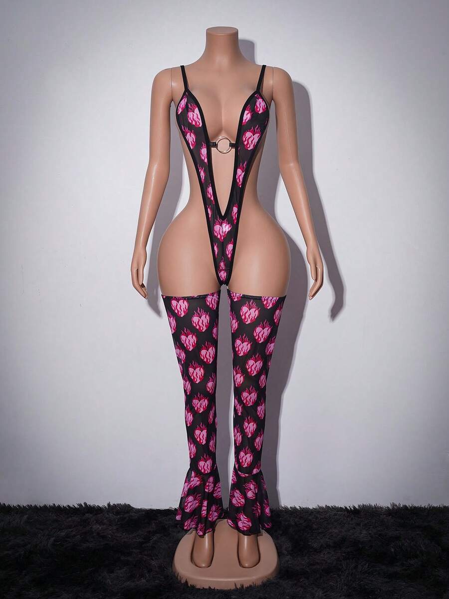 2件套Y2K风格粉色情人节全印花爱心火焰深V三件套荷叶边金属环迷人朋克性感内衣套装，适合舞者、酒吧、俱乐部、音乐节等场合。 - 粉色 - 查看 1