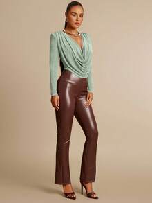 Silquee Olive Green Plunging Neckline Elegant Shoulder Pad Ruched Long Sleeve Bodysuit, Suitable For Dates, Outings, Weddings And Parties - Mint Green - View 7