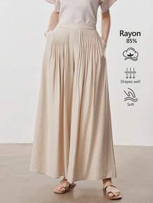 Aalyst 女士夏季休闲裤，优雅褶裥腰身设计，阔腿裤型，亚麻质感，卡其色，适合外出、婚礼、职场、浪漫假期等场合。 - 卡其色 - 查看 1
